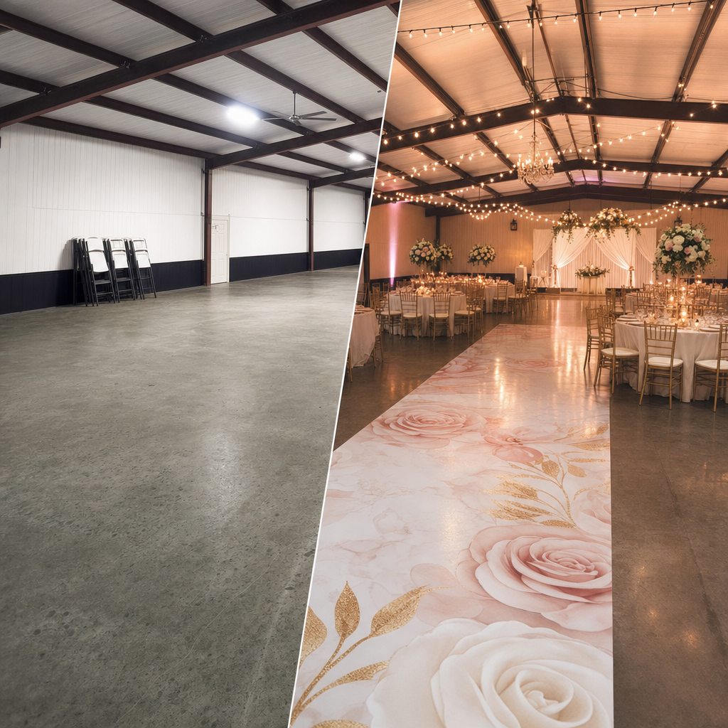 Before and after: venue with custom floral floor wrap
