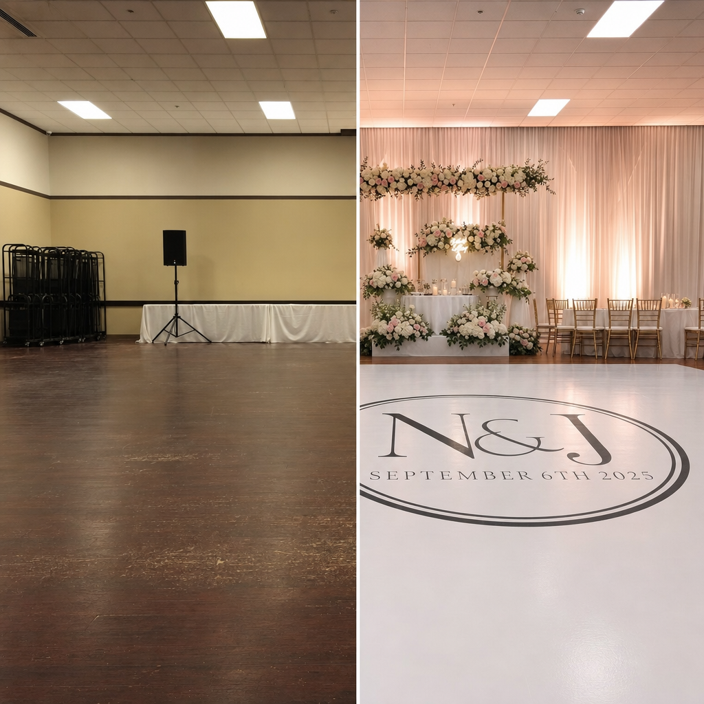 Before and after: banquet hall with N&J monogram floor wrap