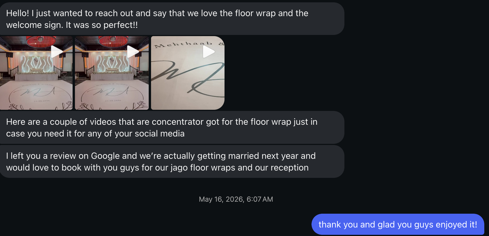 Client text: loves the floor wrap, left a Google review, wants to rebook