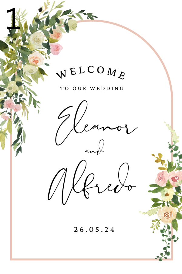 Floral arch wedding welcome board — pink roses and greenery with couple names in script