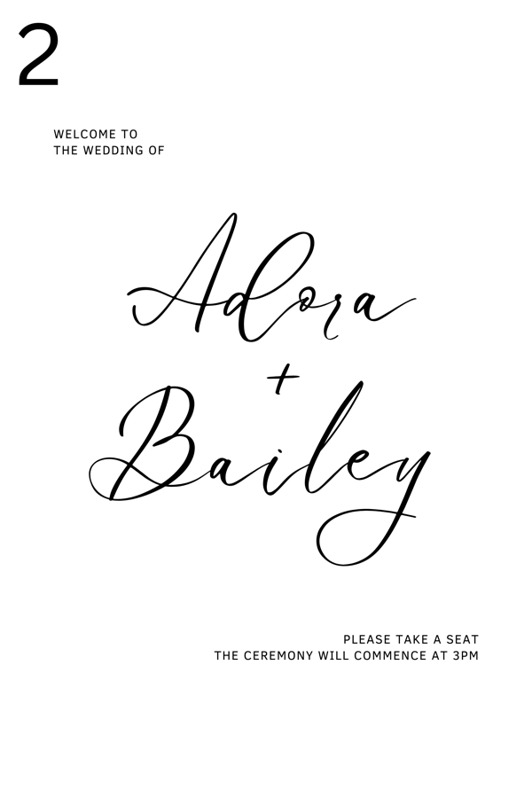 Modern script wedding welcome board — large cursive names with ceremony details