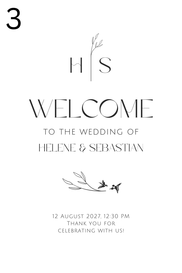 Botanical serif welcome board — line art leaves with initials and WELCOME heading